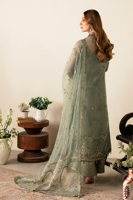 Sage Mint Embroidered Printed Organza 3-Piece Suit | Raw Silk Trouser & Net Dupatta – Stitched Pakistani Luxury Formal UK | Ramsha Festive E-106 - View 2