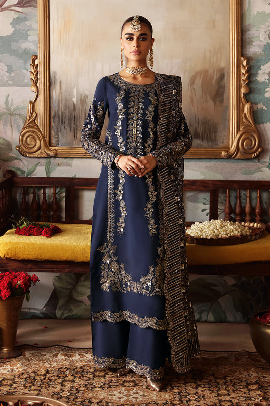 Navy Blue Embroidered Raw Silk 3-Piece Suit | Embroidered Organza Dupatta & Trouser – Ready to Wear Pakistani Dress UK | Shagna Naghma S-01 - View 2
