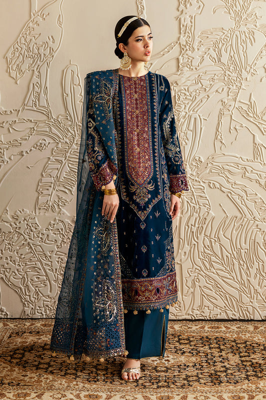 Dark Teal Embroidered Velvet 3-Piece Suit | Organza Dupatta & Raw Silk Trouser – Ready to Wear Pakistani Winter Formal UK | Velvet Vol 6 V-604 - View 2