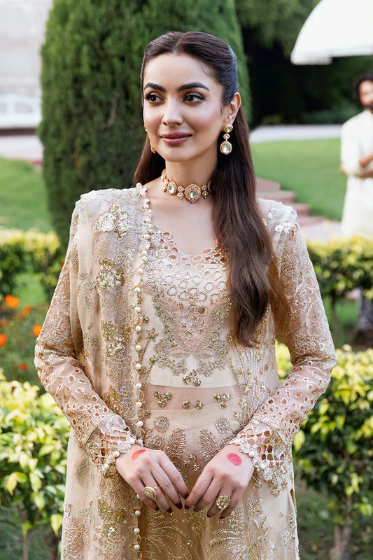 Champagne Embroidered Organza Long Shirt Suit | Raw Silk Straight Trouser & Scalloped Dupatta – Stitched Pakistani Dress UK | Mehfil SF-05 (Sundal) - View 2