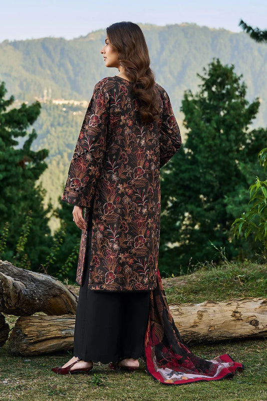 Black Floral Woven Viscose 3-Piece Suit | Red Border Chiffon Dupatta & Trouser – Ready to Wear Pakistani Winter Dress UK | Viscose Vol 7 J-705 - View 2