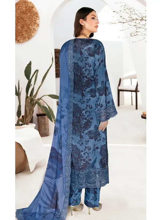 Slate Blue Printed Raw Silk 3-Piece Suit | Riwaj J-609 – View 2