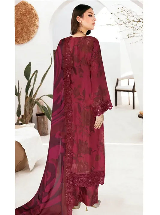 Deep Berry Magenta Printed Raw Silk 3-Piece Suit | Riwaj J-610 – View 2