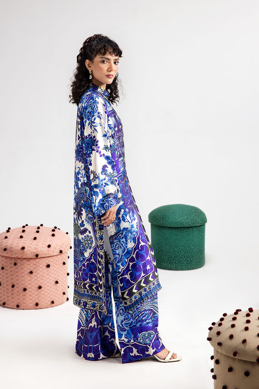 White & Blue Digital Printed Silk 2-Piece Co-ord Set | Extended Shirt & Straight Pants – Ready to Wear Pakistani Casual UK | AP-112 - View 2