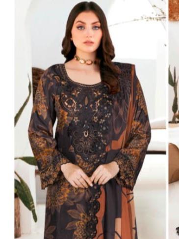 Charcoal Black & Amber Brown Printed Raw Silk 3-Piece Suit Riwaj J-608
