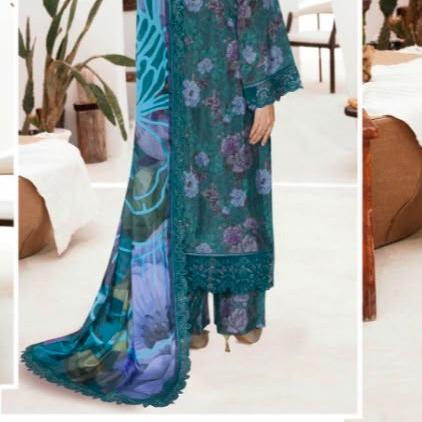 Teal Peacock Green Printed Raw Silk 3-Piece Suit Riwaj J-611