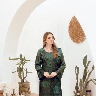 Dark Green Printed Raw Silk 3-Piece Suit Riwaj J-605
