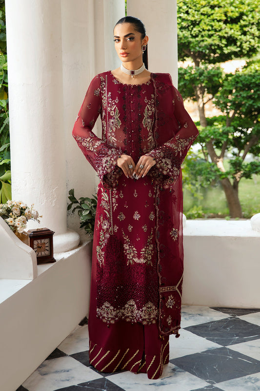 Deep Red Embroidered Chiffon 3-Piece Suit | Organza Lace & Embroidered Net Dupatta – Readymade Pakistani Semi-Formal Dress UK | Dastak Vol 1 Q-103 - View 1