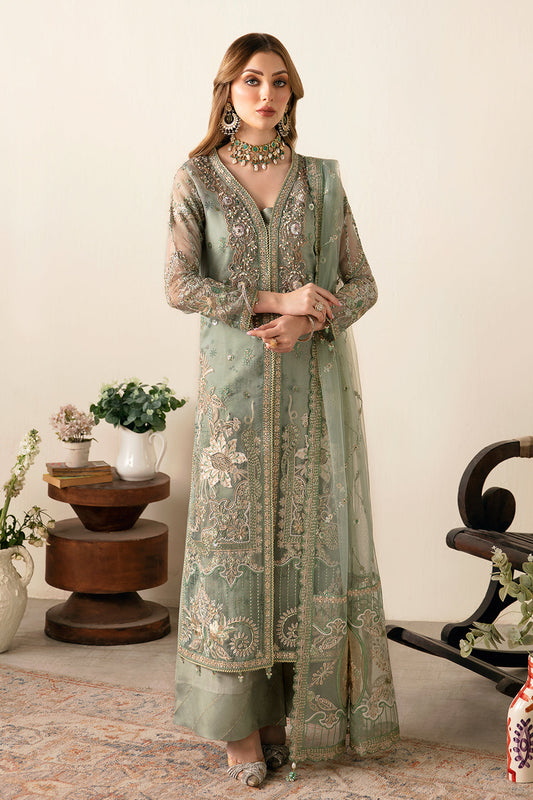 Sage Mint Embroidered Printed Organza 3-Piece Suit | Raw Silk Trouser & Net Dupatta – Stitched Pakistani Luxury Formal UK | Ramsha Festive E-106 - View 1