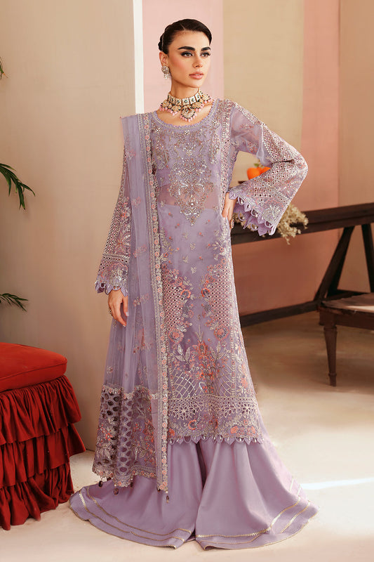 Lilac Embroidered Organza 3-Piece Suit | Raw Silk Trouser & Net Dupatta – Readymade Pakistani Formal Dress UK | Ramsha Festive E-201 - View 1