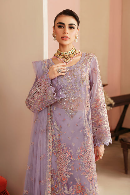 Lilac Embroidered Organza 3-Piece Suit | Raw Silk Trouser & Net Dupatta – Readymade Pakistani Formal Dress UK | Ramsha Festive E-201 - View 3