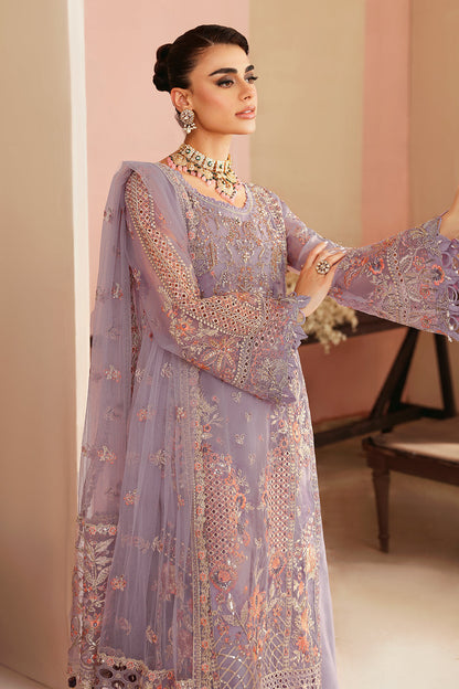 Lilac Embroidered Organza 3-Piece Suit | Raw Silk Trouser & Net Dupatta – Readymade Pakistani Formal Dress UK | Ramsha Festive E-201 - View 4