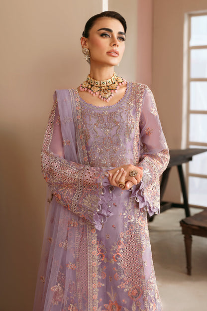Lilac Embroidered Organza 3-Piece Suit | Raw Silk Trouser & Net Dupatta – Readymade Pakistani Formal Dress UK | Ramsha Festive E-201 - View 6