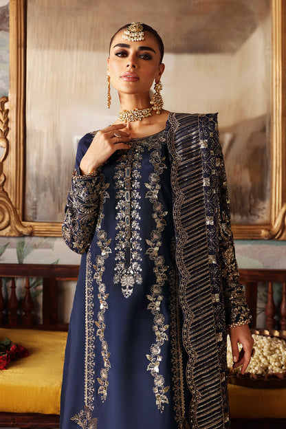 Navy Blue Embroidered Raw Silk 3-Piece Suit | Embroidered Organza Dupatta & Trouser – Ready to Wear Pakistani Dress UK | Shagna Naghma S-01 - View 4