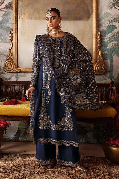 Navy Blue Embroidered Raw Silk 3-Piece Suit | Embroidered Organza Dupatta & Trouser – Ready to Wear Pakistani Dress UK | Shagna Naghma S-01 - View 1