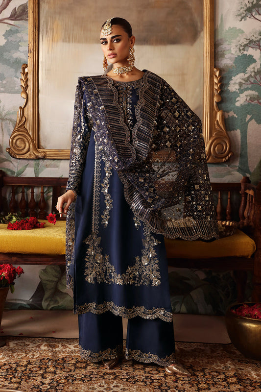 Navy Blue Embroidered Raw Silk 3-Piece Suit | Embroidered Organza Dupatta & Trouser – Ready to Wear Pakistani Dress UK | Shagna Naghma S-01 - View 1