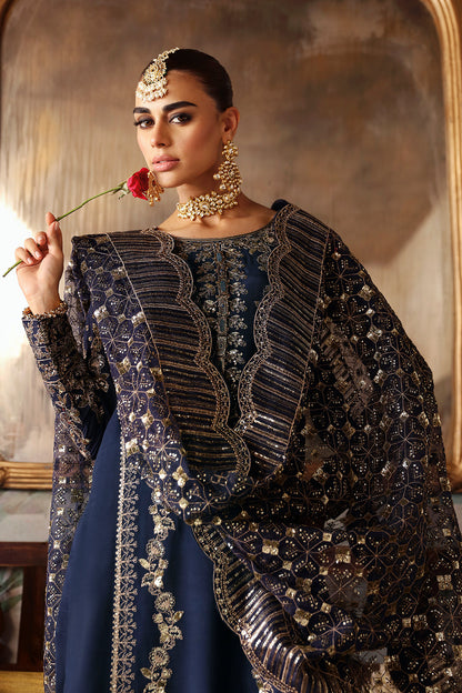 Navy Blue Embroidered Raw Silk 3-Piece Suit | Embroidered Organza Dupatta & Trouser – Ready to Wear Pakistani Dress UK | Shagna Naghma S-01 - View 5