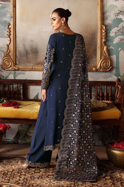 Navy Blue Embroidered Raw Silk 3-Piece Suit | Embroidered Organza Dupatta & Trouser – Ready to Wear Pakistani Dress UK | Shagna Naghma S-01 - View 3