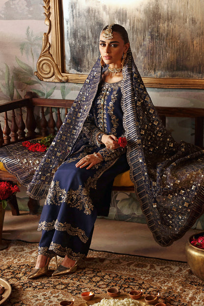 Navy Blue Embroidered Raw Silk 3-Piece Suit | Embroidered Organza Dupatta & Trouser – Ready to Wear Pakistani Dress UK | Shagna Naghma S-01 - View 6