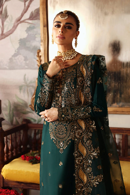 Dark Green Embroidered Raw Silk 3-Piece Suit | Pallu Embroidered Organza Dupatta & Trouser – Stitched Pakistani Dress UK | Shagna Zaib S-03 - View 4