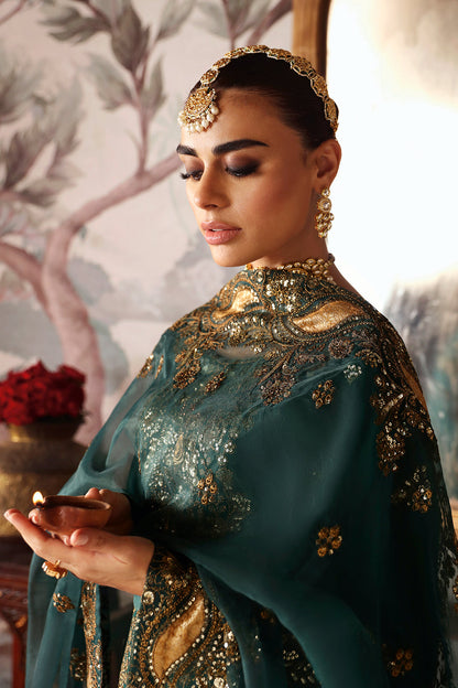 Dark Green Embroidered Raw Silk 3-Piece Suit | Pallu Embroidered Organza Dupatta & Trouser – Stitched Pakistani Dress UK | Shagna Zaib S-03 - View 5