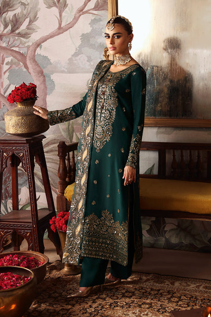 Dark Green Embroidered Raw Silk 3-Piece Suit | Pallu Embroidered Organza Dupatta & Trouser – Stitched Pakistani Dress UK | Shagna Zaib S-03 - View 1