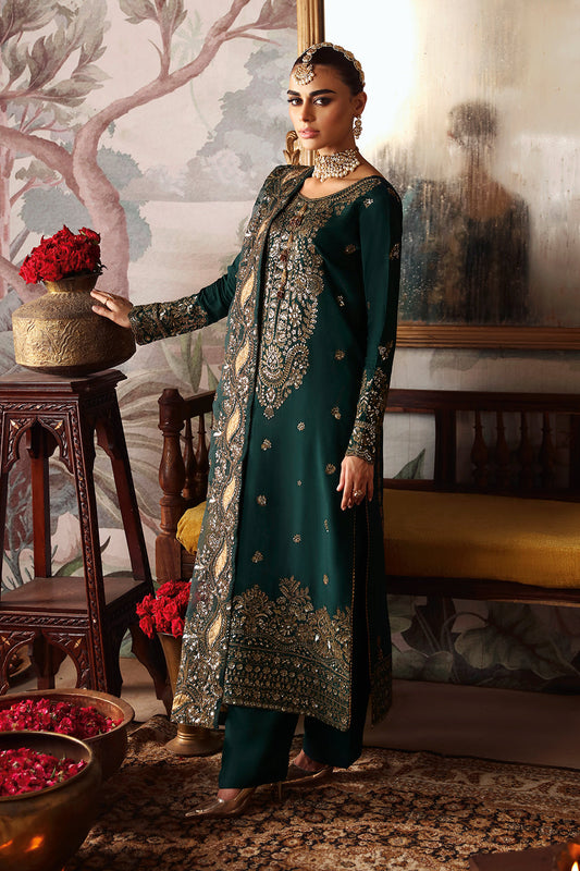 Dark Green Embroidered Raw Silk 3-Piece Suit | Pallu Embroidered Organza Dupatta & Trouser – Stitched Pakistani Dress UK | Shagna Zaib S-03 - View 1
