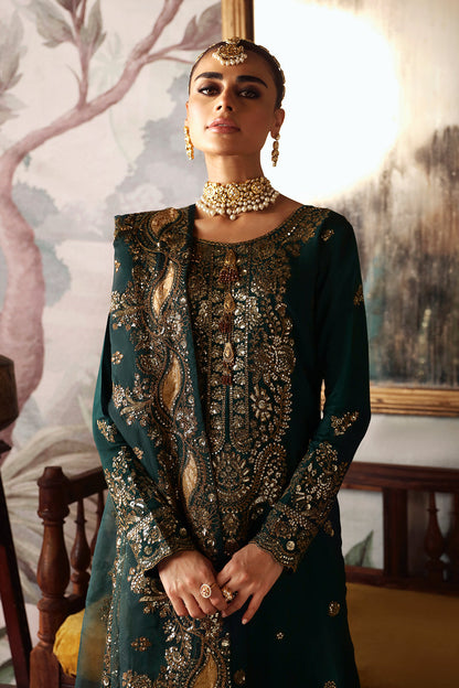 Dark Green Embroidered Raw Silk 3-Piece Suit | Pallu Embroidered Organza Dupatta & Trouser – Stitched Pakistani Dress UK | Shagna Zaib S-03 - View 3
