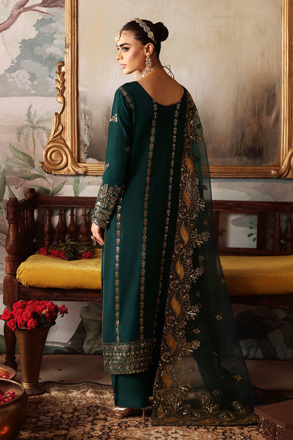 Dark Green Embroidered Raw Silk 3-Piece Suit | Pallu Embroidered Organza Dupatta & Trouser – Stitched Pakistani Dress UK | Shagna Zaib S-03 - View 2