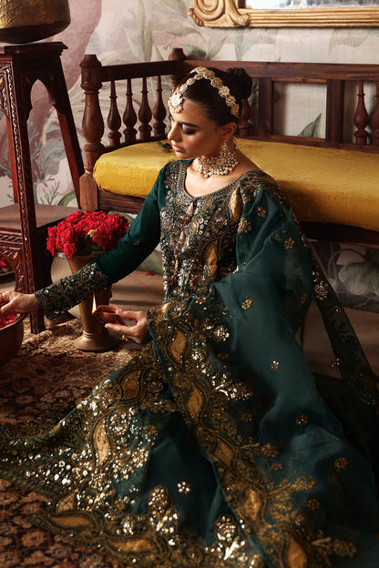 Dark Green Embroidered Raw Silk 3-Piece Suit | Pallu Embroidered Organza Dupatta & Trouser – Stitched Pakistani Dress UK | Shagna Zaib S-03 - View 6