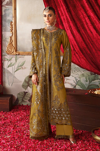 Mustard Gold Embroidered Raw Silk 3-Piece Suit | Pallu Embroidered Organza Dupatta & Trouser – Readymade Pakistani Dress UK | Shagna Maya S-07 - View 2
