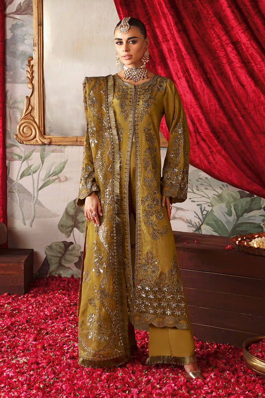 Mustard Gold Embroidered Raw Silk 3-Piece Suit | Pallu Embroidered Organza Dupatta & Trouser – Readymade Pakistani Dress UK | Shagna Maya S-07 - View 2