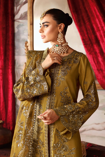 Mustard Gold Embroidered Raw Silk 3-Piece Suit | Pallu Embroidered Organza Dupatta & Trouser – Readymade Pakistani Dress UK | Shagna Maya S-07 - View 4