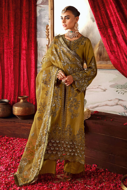 Mustard Gold Embroidered Raw Silk 3-Piece Suit | Pallu Embroidered Organza Dupatta & Trouser – Readymade Pakistani Dress UK | Shagna Maya S-07 - View 5