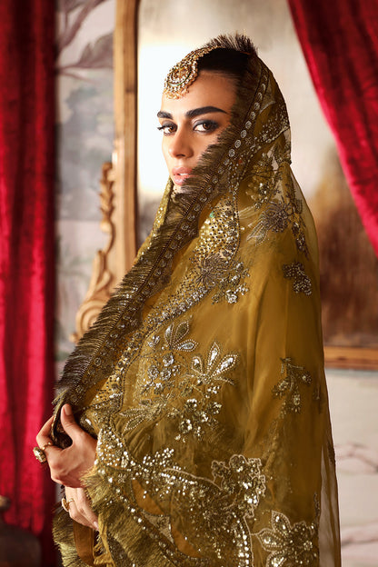 Mustard Gold Embroidered Raw Silk 3-Piece Suit | Pallu Embroidered Organza Dupatta & Trouser – Readymade Pakistani Dress UK | Shagna Maya S-07 - View 6