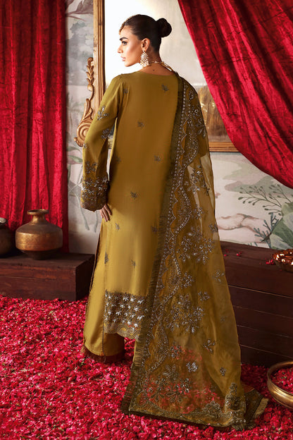 Mustard Gold Embroidered Raw Silk 3-Piece Suit | Pallu Embroidered Organza Dupatta & Trouser – Readymade Pakistani Dress UK | Shagna Maya S-07 - View 3