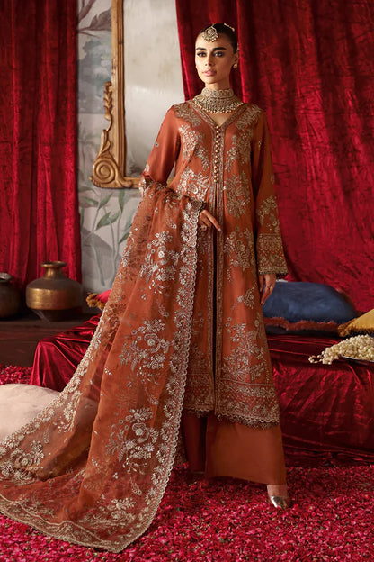 Rust Orange Embroidered Raw Silk 3-Piece Suit | Embroidered Organza Dupatta & Trouser – Ready to Wear Pakistani Dress UK | Shagna Zarish S-02 - View 1