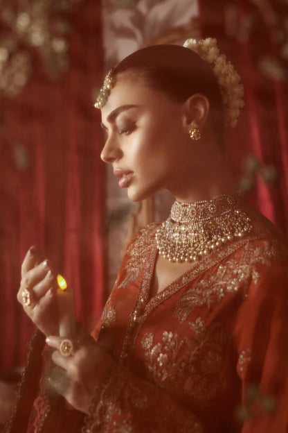 Rust Orange Embroidered Raw Silk 3-Piece Suit | Embroidered Organza Dupatta & Trouser – Ready to Wear Pakistani Dress UK | Shagna Zarish S-02 - View 4
