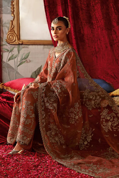 Rust Orange Embroidered Raw Silk 3-Piece Suit | Embroidered Organza Dupatta & Trouser – Ready to Wear Pakistani Dress UK | Shagna Zarish S-02 - View 5