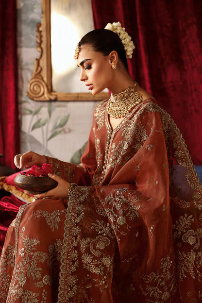 Rust Orange Embroidered Raw Silk 3-Piece Suit | Embroidered Organza Dupatta & Trouser – Ready to Wear Pakistani Dress UK | Shagna Zarish S-02 - View 6