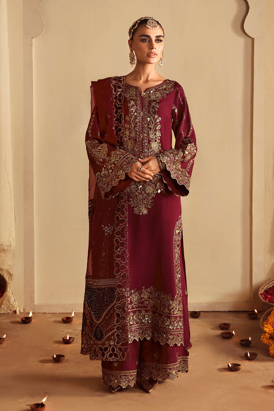Deep Red Embroidered Raw Silk 3-Piece Suit | Embroidered Organza Dupatta & Trouser Patches – Stitched Pakistani Dress UK | Shagna Roshan S-04 - View 1