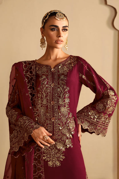 Deep Red Embroidered Raw Silk 3-Piece Suit | Embroidered Organza Dupatta & Trouser Patches – Stitched Pakistani Dress UK | Shagna Roshan S-04 - View 5