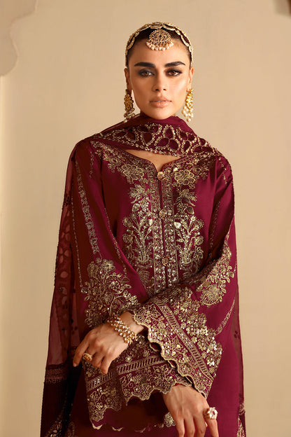Deep Red Embroidered Raw Silk 3-Piece Suit | Embroidered Organza Dupatta & Trouser Patches – Stitched Pakistani Dress UK | Shagna Roshan S-04 - View 2