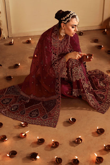 Deep Red Embroidered Raw Silk 3-Piece Suit | Embroidered Organza Dupatta & Trouser Patches – Stitched Pakistani Dress UK | Shagna Roshan S-04 - View 6