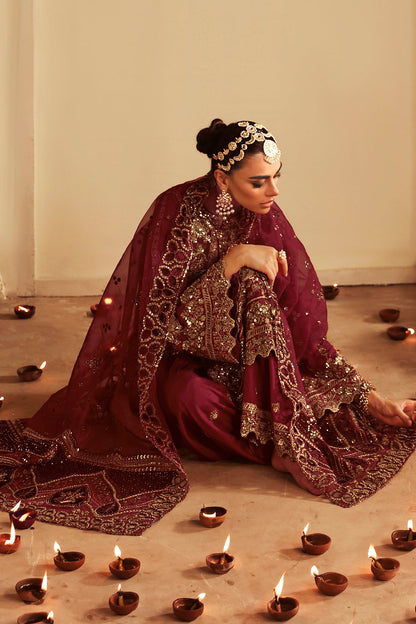 Deep Red Embroidered Raw Silk 3-Piece Suit | Embroidered Organza Dupatta & Trouser Patches – Stitched Pakistani Dress UK | Shagna Roshan S-04 - View 3