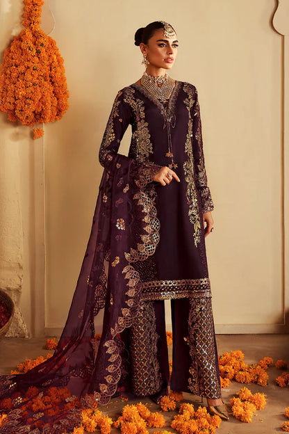 Wine Berry Purple Embroidered Raw Silk 3-Piece Suit | Pallu Embroidered Organza Dupatta & Trouser – Stitched Pakistani Dress UK | Shagna Khusbhu S-06 - View 1