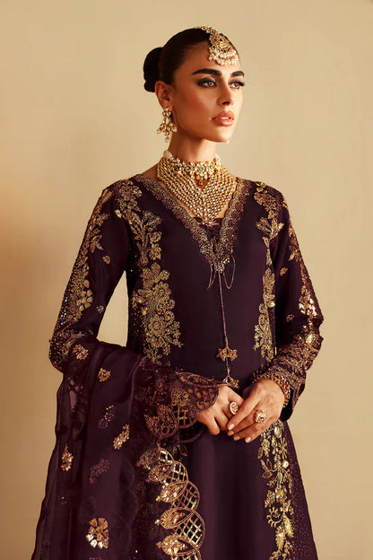Wine Berry Purple Embroidered Raw Silk 3-Piece Suit | Pallu Embroidered Organza Dupatta & Trouser – Stitched Pakistani Dress UK | Shagna Khusbhu S-06 - View 2
