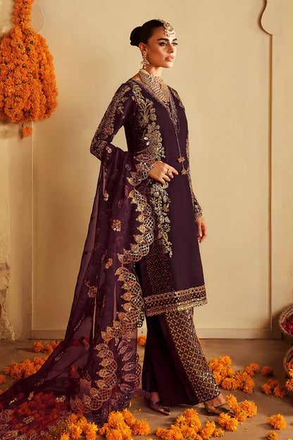 Wine Berry Purple Embroidered Raw Silk 3-Piece Suit | Pallu Embroidered Organza Dupatta & Trouser – Stitched Pakistani Dress UK | Shagna Khusbhu S-06 - View 3