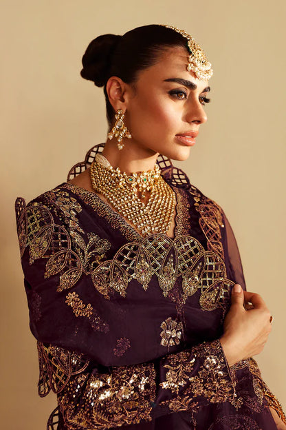 Wine Berry Purple Embroidered Raw Silk 3-Piece Suit | Pallu Embroidered Organza Dupatta & Trouser – Stitched Pakistani Dress UK | Shagna Khusbhu S-06 - View 4