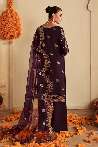 Wine Berry Purple Embroidered Raw Silk 3-Piece Suit | Pallu Embroidered Organza Dupatta & Trouser – Stitched Pakistani Dress UK | Shagna Khusbhu S-06 - View 5